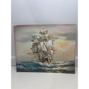 SMALL Original John Ambrose Painting Sailing Ship Signed Nautical Art 10x8 IN